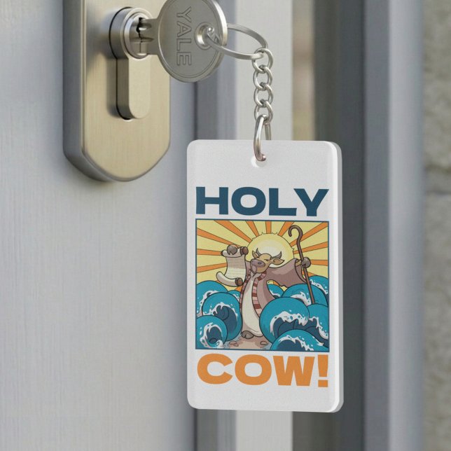 Funny Cow Holy Cow! Visual Pun Animal Cartoon Key Ring (Creator Uploaded)
