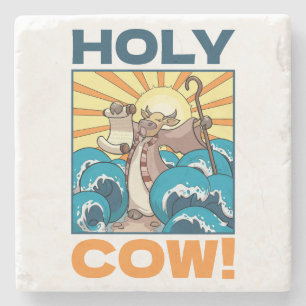 Funny Cow Holy Cow! Visual Pun Animal Cartoon Stone Coaster
