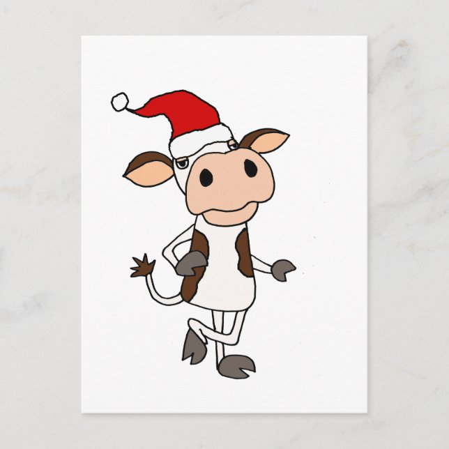 Funny Cow in Santa Hat Christmas Cartoon Postcard (Front)