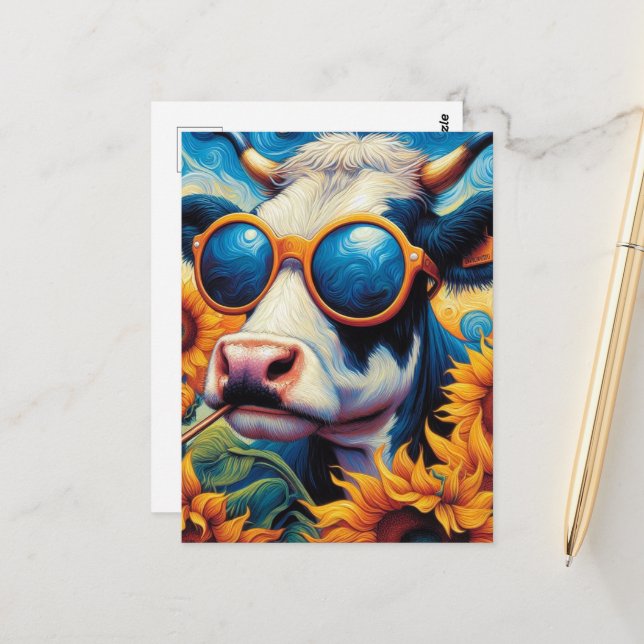 Funny Cow in Sunglasses in a Sunflower Field Postcard (Front/Back In Situ)