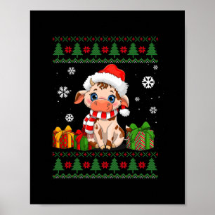 funny cow lovers cute cow santa hat ugly christmas poster