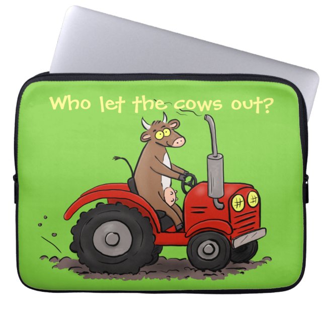 Funny cow on red tractor cartoon illustration laptop sleeve (Front)
