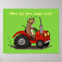 Funny cow on red tractor cartoon illustration