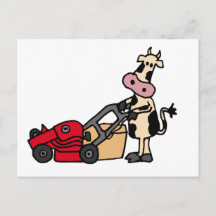 Funny Cow Pushing Red Lawn Mower Cartoon Postcard