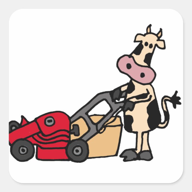 Funny Cow Pushing Red Lawn Mower Cartoon Square Sticker (Front)