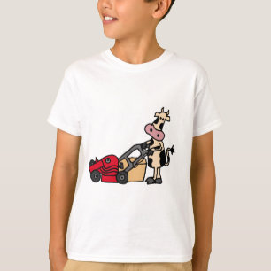 Funny Cow Pushing Red Lawn Mower Cartoon T-Shirt