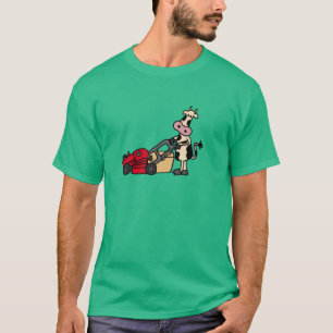 Funny Cow Pushing Red Lawn Mower Cartoon T-Shirt