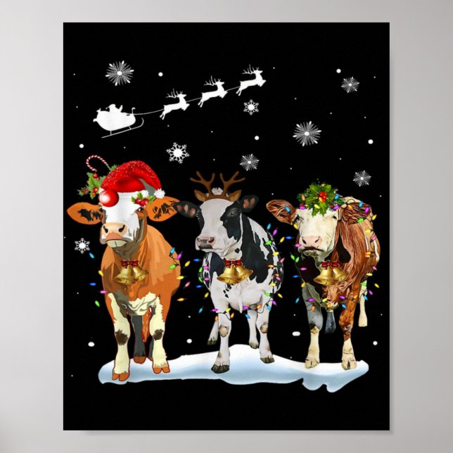 Funny Cow Santa Merry Christmas Xmas Lights Pajama Poster (Front)
