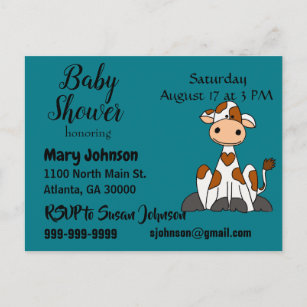 Funny Cow with Heart Spots Baby Shower Invitation Postcard