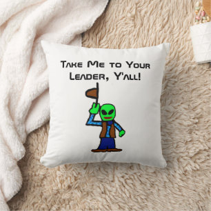 Funny Cowboy Alien Cartoon with UFO Abduction Cushion