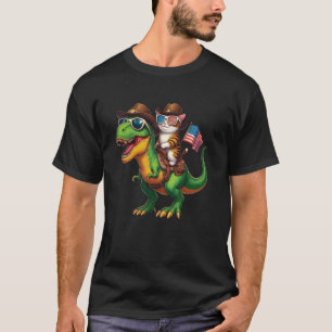 Funny Cowboy Cat Riding Dinosaur USA Flag T-Rex 4t T-Shirt