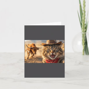 Funny Cowboy Cat Selfie With Charging Bull Western Card