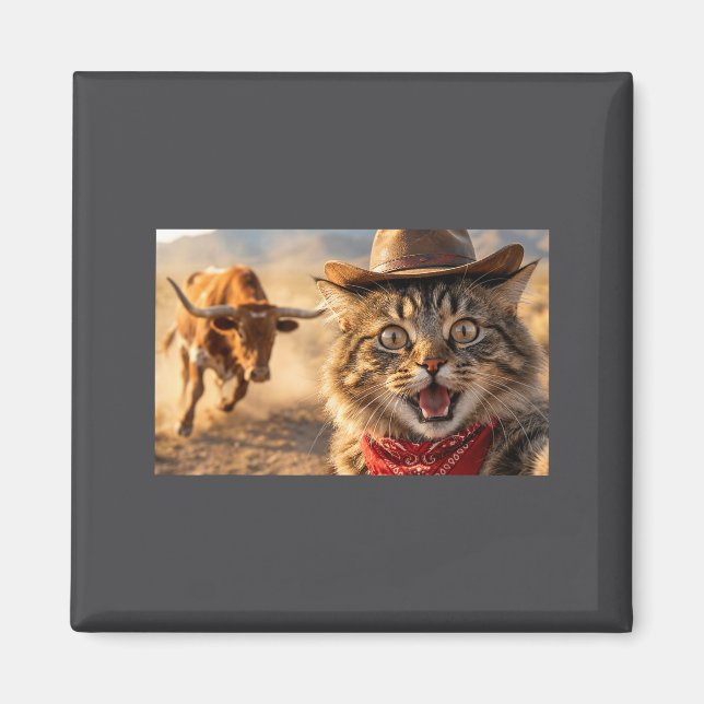 Funny Cowboy Cat Selfie With Charging Bull Western Magnet (Front)