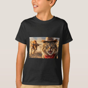 Funny Cowboy Cat Selfie With Charging Bull Western T-Shirt