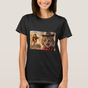 Funny Cowboy Cat Selfie With Charging Bull Western T-Shirt
