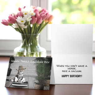 Funny Cowboy Hat Cat on a Vacuum Birthday Card