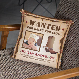 Funny Cowboy Photo Wanted Poster Baby Birth Stats Cushion