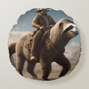 Funny Cowboy Riding A Sloth Horse, Round Cushion