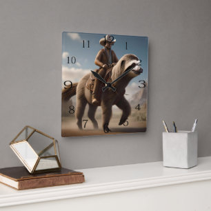 Funny Cowboy Riding A Sloth Horse, Square Wall Clock