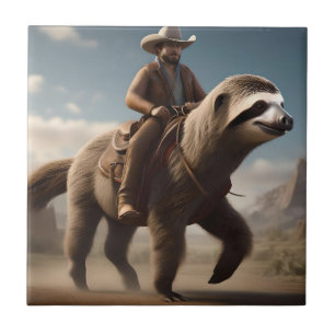 Funny Cowboy Riding A Sloth Horse, Tile
