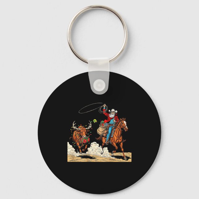 Funny Cowboy Santa Christmas Holiday Western Style Key Ring (Front)