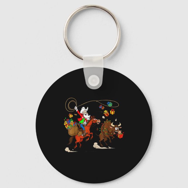 Funny Cowboy Santa Christmas Holiday Western Style Key Ring (Front)