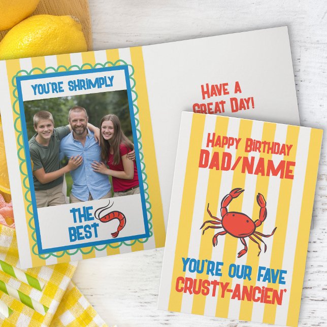 Funny Crab Amalfi Yellow Stripe Photo Birthday Card (funny birthday photo card with crab and crustacean themed dad jokes)