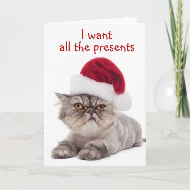 Funny Cranky Cat, "I want ALL the presents" card (Front)