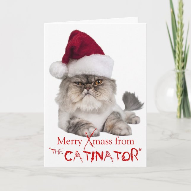 Funny Cranky Cat "The Catinator" Christmas card (Front)