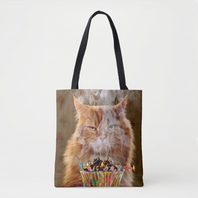 Funny Cranky Cat With Melted Birthday Cupcake Tote Bag (Front)