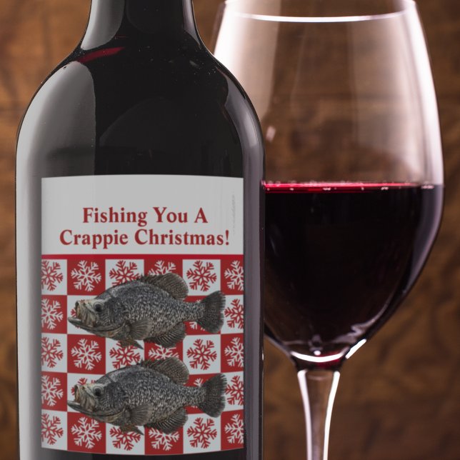 Funny Crappie Fishing Pun Merry Christmas Custom Wine Label (Christmas Crappie Fishing wine labels are a great way to give gifts to your angling friends.)