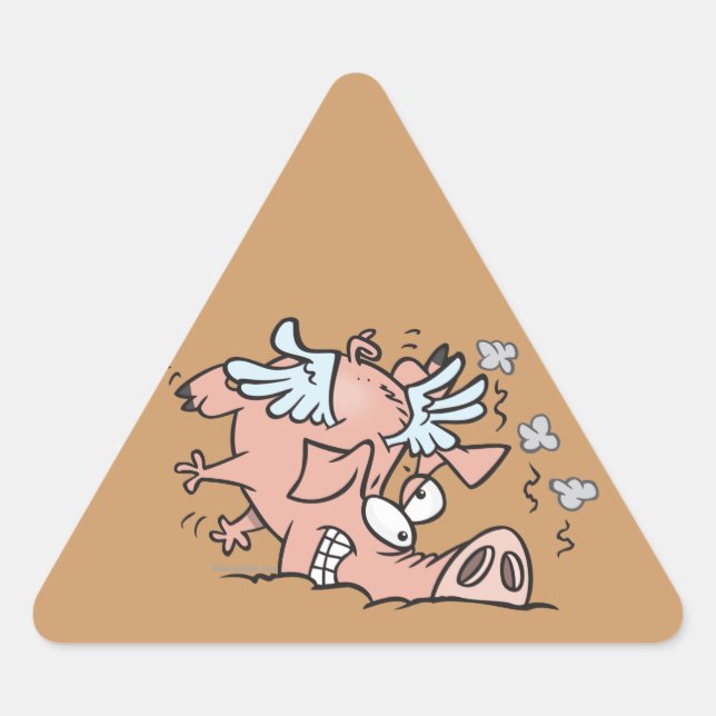 funny crash landing flying pig cartoon triangle sticker (Front)
