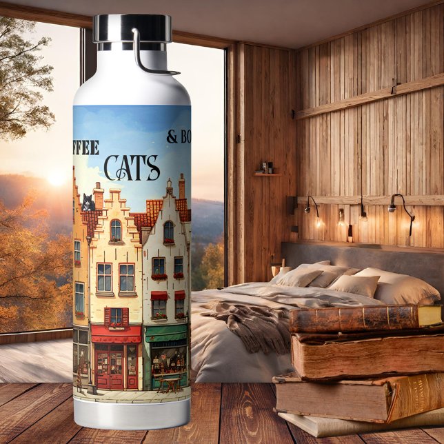 Funny Crazy Cat Lady Coffee Books 22oz Water Bottle (22 oz Water bottle featuring a cute artistic city scene with several cats - books coffee)