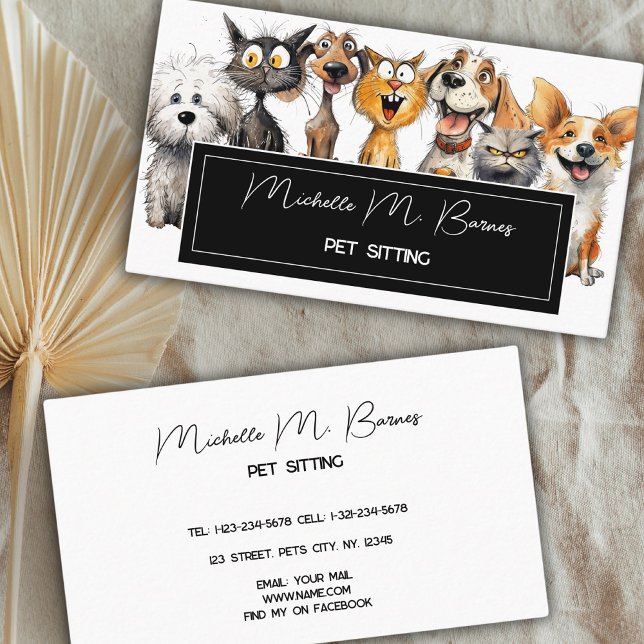 Funny Crazy Cats Dogs Pet Sitter Modern White  Business Card (Creator Uploaded)