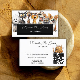 Funny Crazy Cats Dogs Pet Sitter QR Code White Business Card