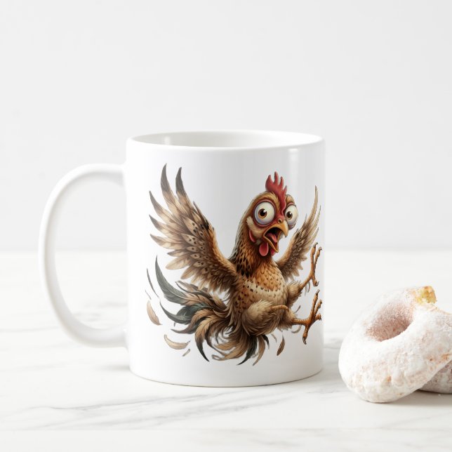 Funny Crazy Chicken Coffee Mug - Wacky Rooster Gif (With Donut)