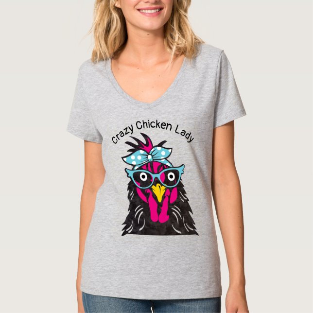 Funny Crazy Chicken Lady with Glasses Bandanna T-Shirt (Front)