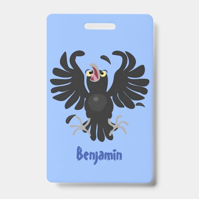Funny crazy crow raven cartoon illustration ID badge (Front)