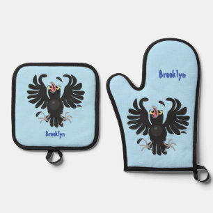 Funny crazy crow raven cartoon illustration oven mitt & pot holder set