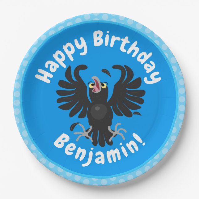 Funny crazy crow raven cartoon illustration paper plate (Front)
