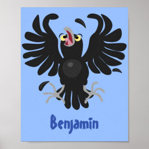 Funny crazy crow raven cartoon illustration poster