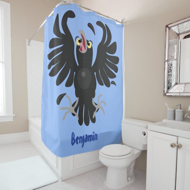 Funny crazy crow raven cartoon illustration shower curtain (In Situ)