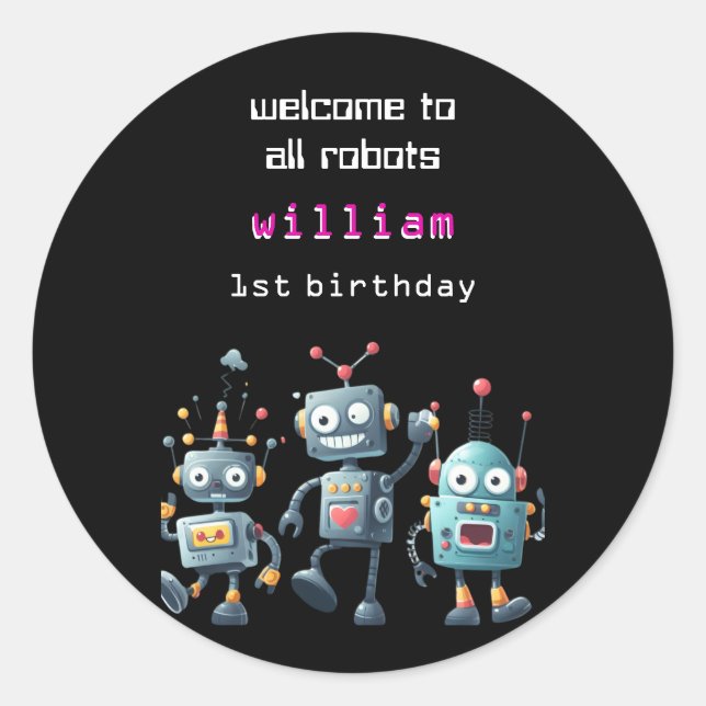 funny crazy robot birthday invitation classic round sticker (Front)