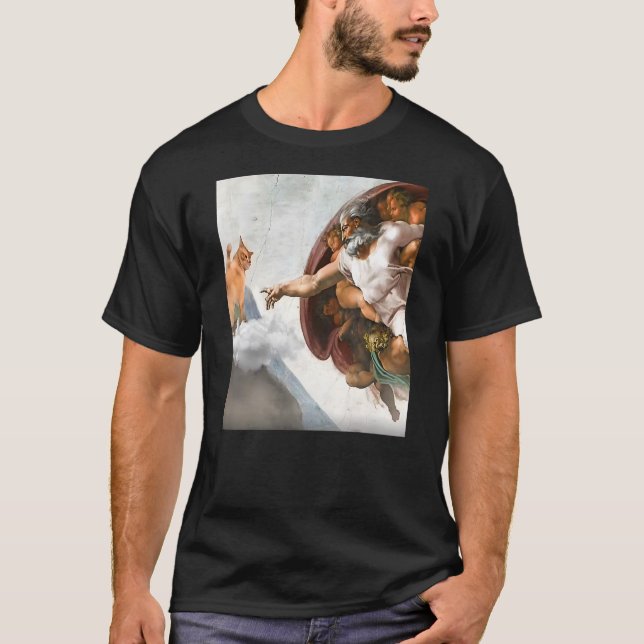 Funny Creation of Cat Meme, by Michelangelo T-Shirt (Front)
