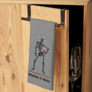Funny Creepin It Real Skeleton Drinking Halloween  Tea Towel