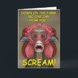 Funny Creepy Chicken Monster Greeting Card<br><div class="desc">Down on the farm, no one can hear you... Scream! This is one of my digital creations. The original photo was of a bantam cockerel. I just added the human mouth. It makes a great greetings card (blank inside) for poultry, poultry keepers or other country folk. This digital image makes...</div>
