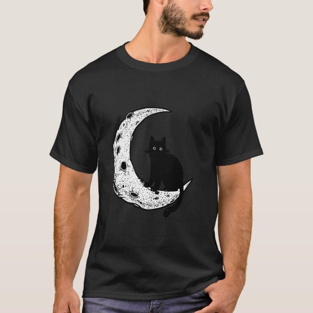 Funny Crescent Moon And Cat Graphic T-Shirt (Front)
