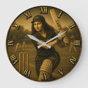 Funny Cricket Mona Lisa Batsman Gift Large Clock