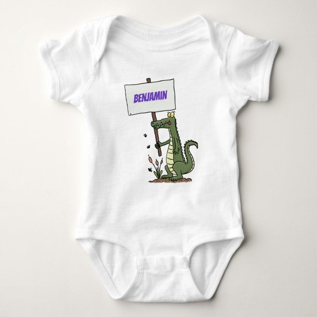 Funny crocodile aligator with sign cartoon baby bodysuit (Front)