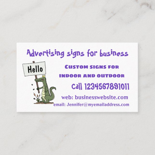 Funny crocodile aligator with sign cartoon business card (Front)